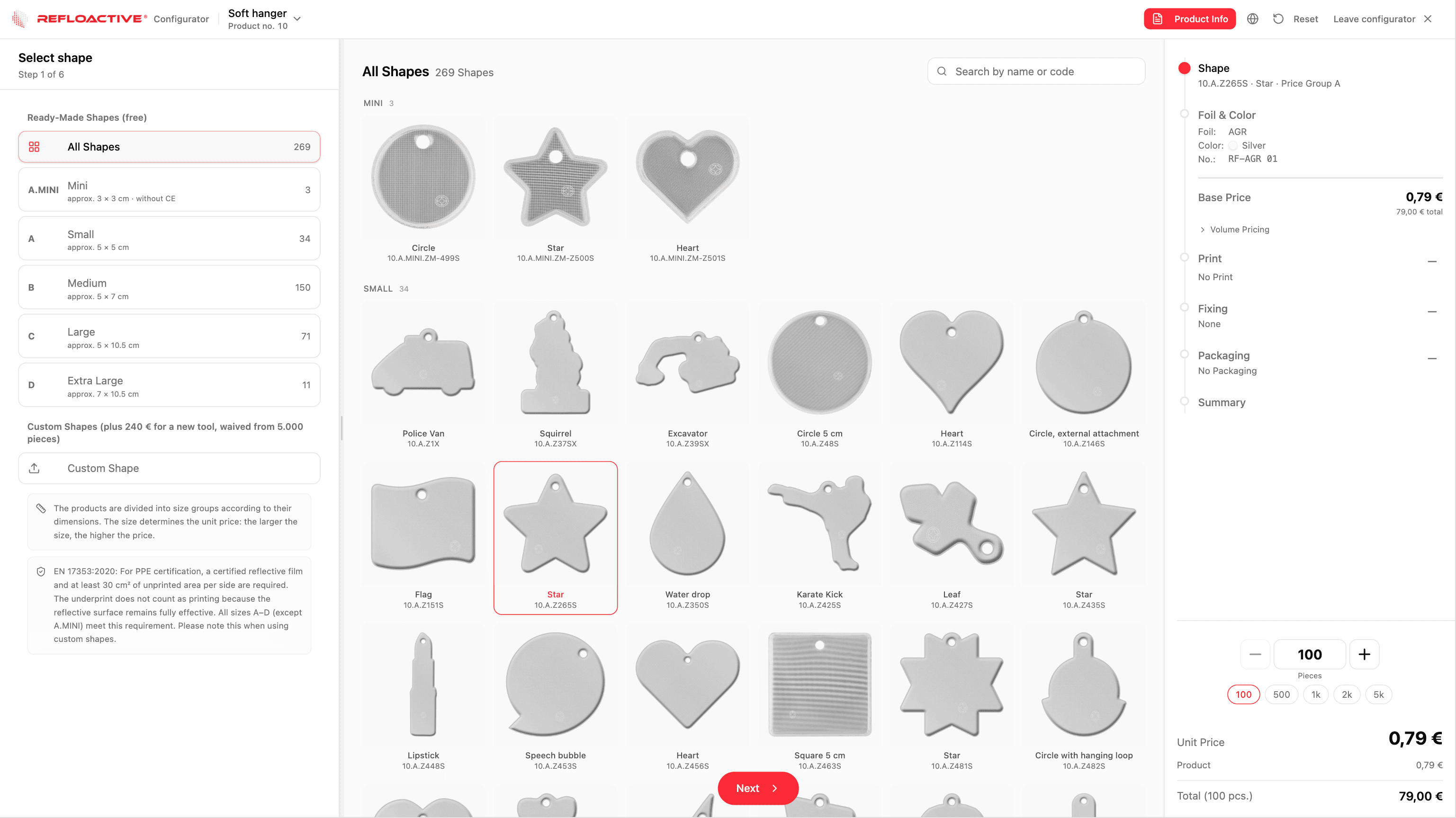 Shape selection in the configurator